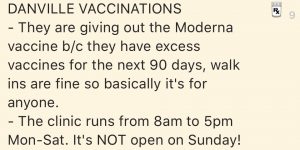 Screenshot of a group chat (Mar. 22) coordinating rides to the Danville vaccination center.